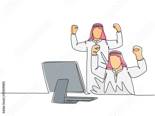 One single line drawing of young muslim marketer celebrate the increase product sales. Saudi Arabian businessmen with shmag, kandora, headscarf, thobe. Continuous line draw design vector illustration