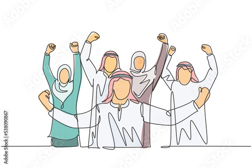 One single line drawing of young muslim business people show solid teamwork. Saudi Arabian businessmen with shmag, kandora, headscarf, thobe, ghutra. Continuous line draw design vector illustration