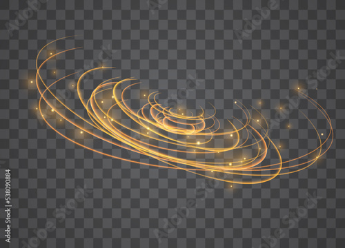 Golden glowing shiny lines effect. Glowing magic fire trace. Magic golden light effect with curve trail. Vector illustration.