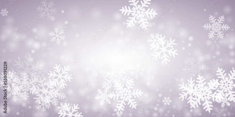 Magic heavy snowflakes composition. Snowfall fleck frozen particles. Snowfall sky white gray pattern. Swirling snowflakes new year theme. Snow nature landscape.
