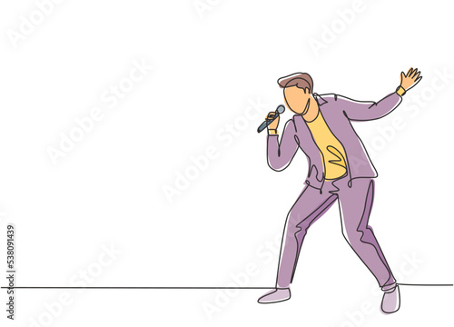 Single continuous line drawing of young happy male pop singer holding microphone and singing on music concert stage. Trendy musician artist performance concept one line draw design vector illustration