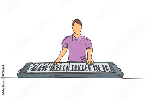 One single line drawing of young happy male pianist playing electric synthesizer, a modern keyboard piano. Musician artist performance concept continuous line draw design graphic vector illustration