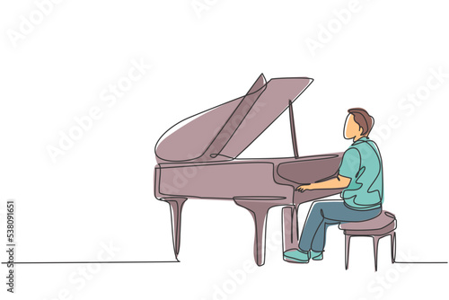 Single continuous line drawing of young happy male pianist playing classic grand piano on music concert orchestra. Musician artist performance concept one line draw design graphic vector illustration