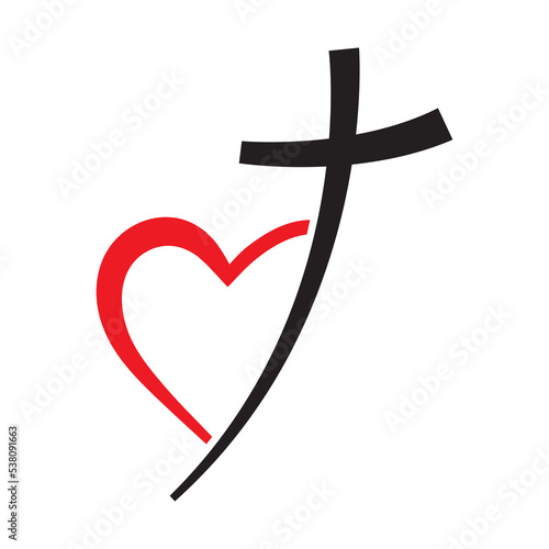 Christian cross icon and red heart shape. Abstract religious symbol. Vector illustration. Love of God concept.