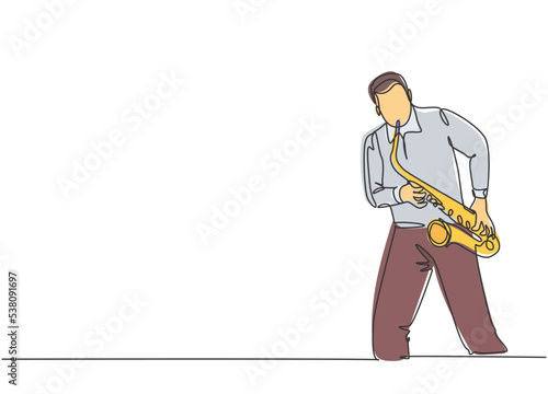 One continuous line drawing of young happy male saxophonist performing to play saxophone on music concert. Musician artist performance concept single line draw design vector graphic illustration