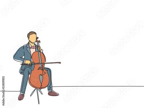 One single line drawing of young happy male cellist performing to play cello on classical orchestra theater. Musician artist performance concept continuous line draw graphic design vector illustration