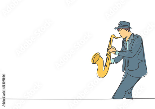 One continuous line drawing of young happy male saxophonist with hat performing to play saxophone on music concert. Musician artist performance concept single line draw design vector illustration