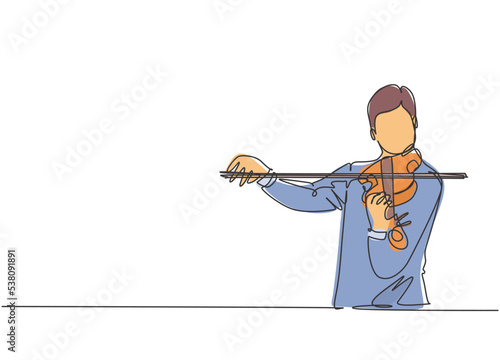 One single line drawing of male violinist performing to play violin on music festival. Trendy musician artist performance concept continuous line draw design graphic vector illustration