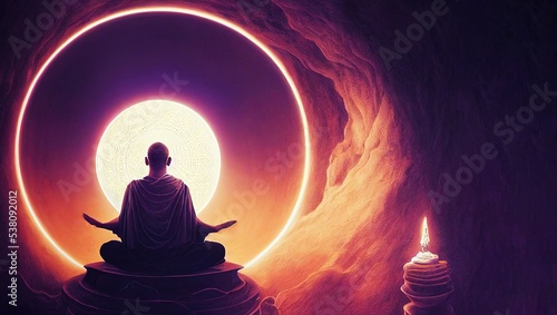Canvas-taulu Illustration artwork of a monk meditating inside cave and looking at bright spot
