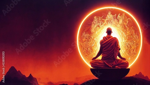 Photo Illustration artwork of meditating monk sitting in a dark place and looking at a