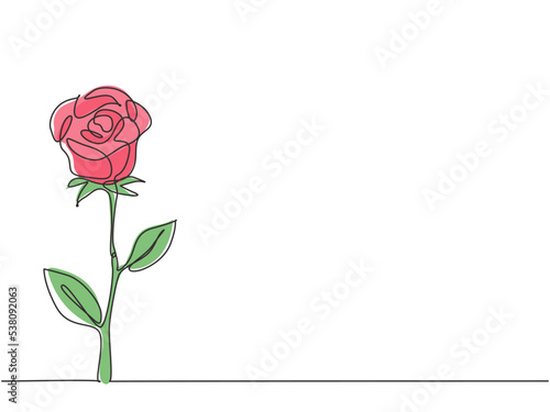 Single continuous line drawing of fresh romantic beautiful rose flower. Greeting card, invitation, logo, banner, poster concept. Dynamic one line draw design vector graphic illustration