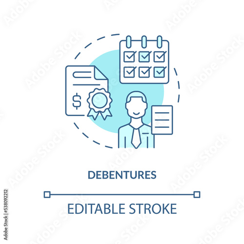 Debentures turquoise concept icon. Debt instrument. Source of long term financing abstract idea thin line illustration. Isolated outline drawing. Editable stroke. Arial, Myriad Pro-Bold fonts used