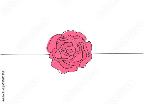 Single continuous line drawing of beautiful fresh romantic rose flower. Trendy greeting card, invitation, logo, banner, poster concept one line draw design vector graphic illustration