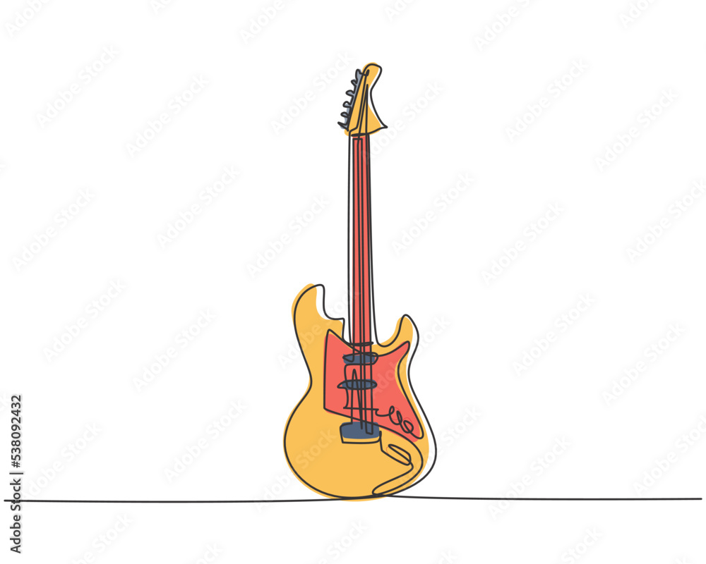 Single continuous line drawing of electric guitar. Stringed music instruments concept. Trendy one line graphic draw design vector illustration