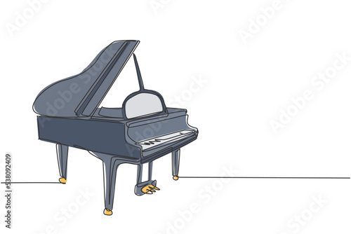 One continuous line drawing of luxury wooden grand piano. Classical music instruments concept. Trendy single line draw design graphic vector illustration