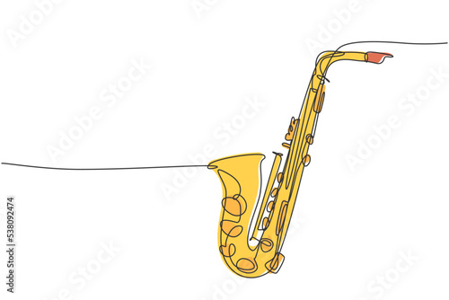 One continuous line drawing of classical saxophone. Wind music instruments concept. Modern single line graphic draw design vector illustration