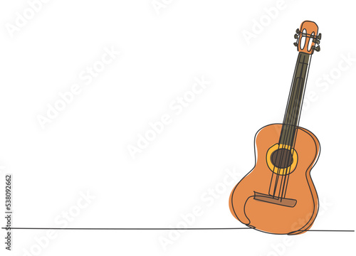 One single line drawing of wooden acoustic guitar. Trendy stringed music instruments concept continuous line graphic draw design vector illustration