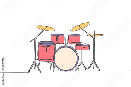 One single line drawing of drum band set. Percussion music instruments concept. Trendy continuous line draw design graphic vector illustration
