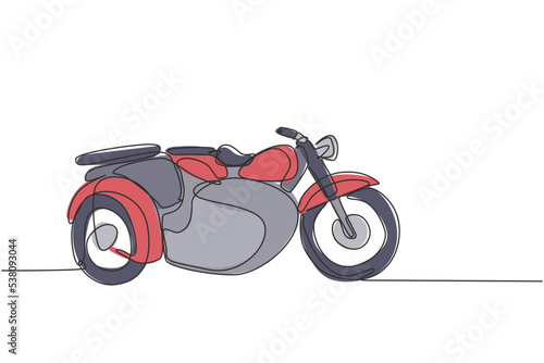 One continuous line drawing of retro old vintage motorcycle with sidecar. Classic motorbike transportation concept single line draw graphic design vector illustration