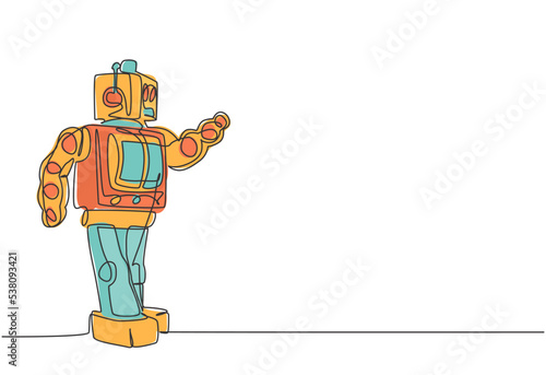 Single continuous line drawing of old retro classic iconic robot from 90s era. Vintage technology electronic toy concept one line draw design vector graphic illustration