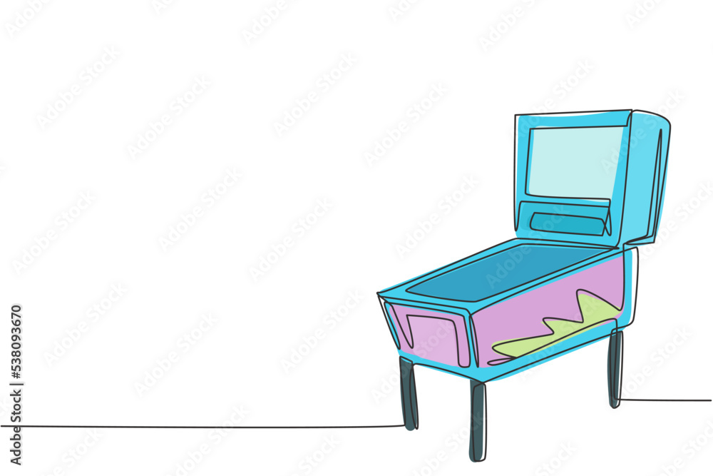 One continuous line drawing of retro old classic pinball game play machine. Vintage simulation game concept single line draw graphic design vector illustration One continuous line drawing of retro old classic pinball game play machine. Vintage simulation game concept single line draw graphic design vector illustration