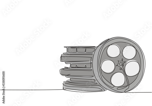 Single continuous line drawing stack of retro old classic cinema video film reels. Vintage movie frame filmstrip item concept one line draw design vector illustration graphic