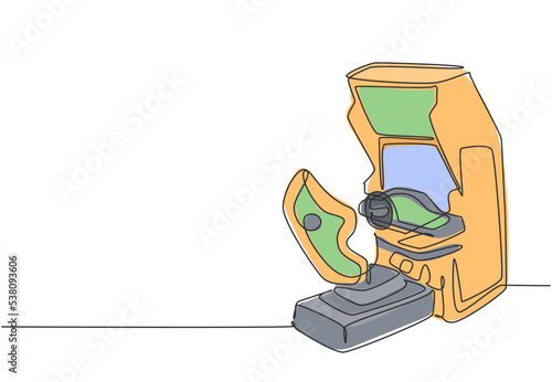 Single continuous line drawing of retro old classic wheel car racing video game machine. Vintage arcade game item concept one line draw design vector graphic illustration
