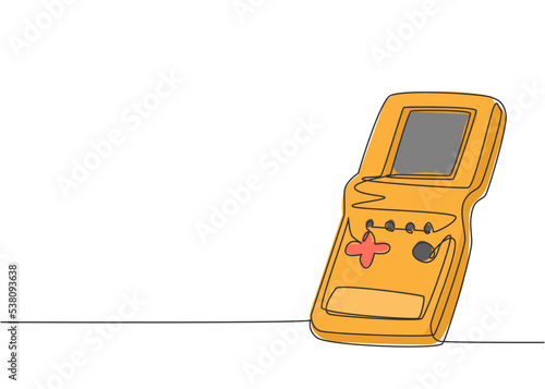 One single line drawing of retro old classic portable tetris game. Vintage game watch item concept continuous line graphic draw design vector illustration