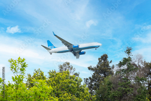 the plane is flying over the trees in the blue sky.