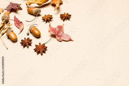 Fondo textura de hojas secas sobre un fondo marrón texturado. Vista superior y de cerca. Copy space