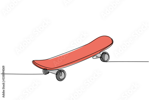 Single continuous line drawing of old retro skateboard on street road. Trendy hipster extreme classic sport concept one line draw design graphic vector illustration