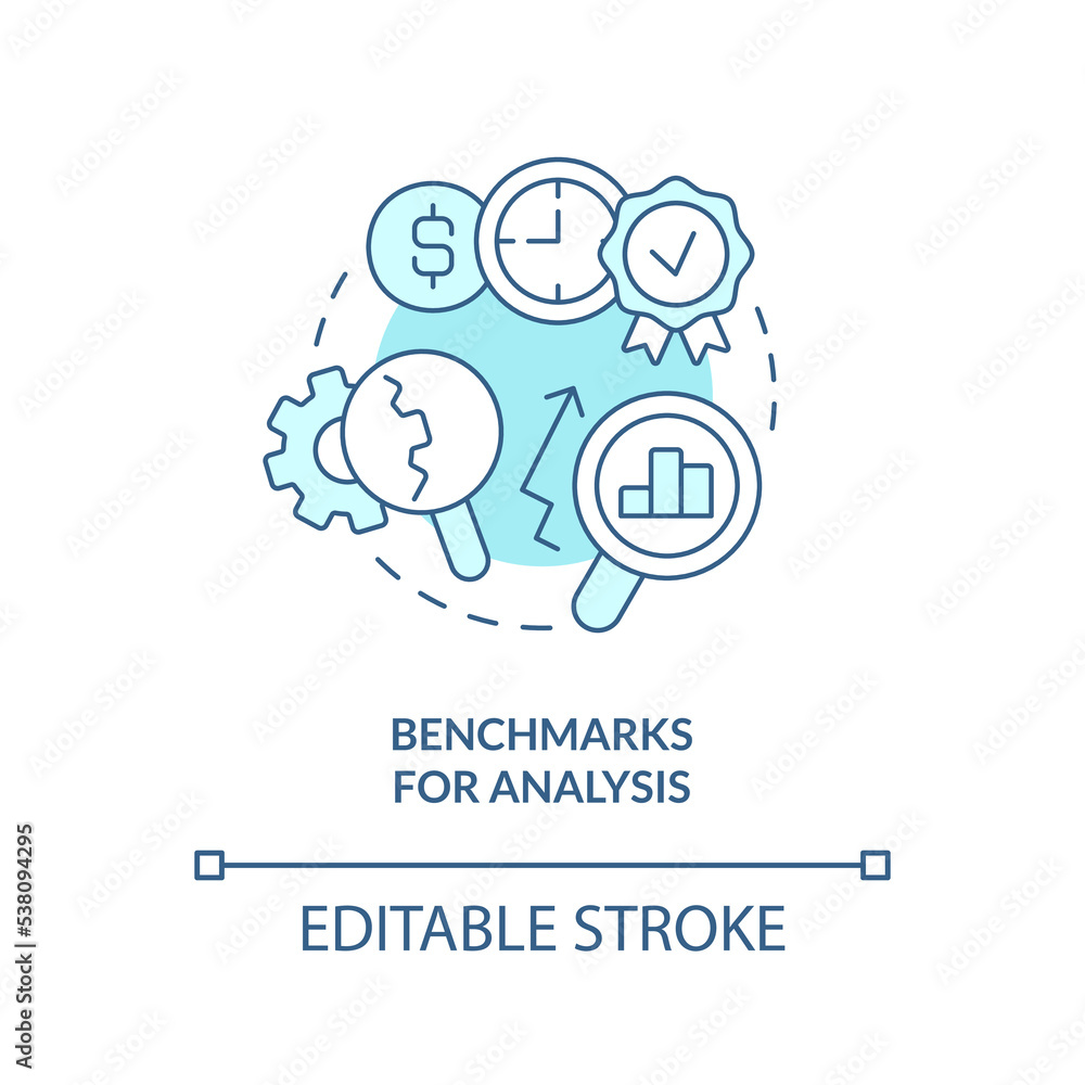 Benchmarks for analysis turquoise concept icon. Financial management issue abstract idea thin line illustration. Isolated outline drawing. Editable stroke. Arial, Myriad Pro-Bold fonts used Benchmarks for analysis turquoise concept icon. Financial management issue abstract idea thin line illustration. Isolated outline drawing. Editable stroke. Arial, Myriad Pro-Bold fonts used