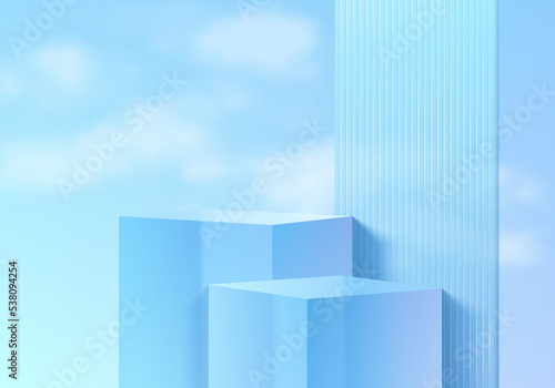 Realistic 3D blue glass cube stand podium set with partition and blue sky background. Pastel minimal wall scene for mockup products stage showcase, Promotion display. Vector abstract geometric forms.