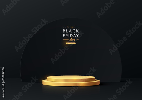 Realistic 3D golden cylinder pedestal podium with semi circle scene luxury background. Black friday sale concept, Vector abstract minimal scene for mockup products stage showcase, Promotion display.
