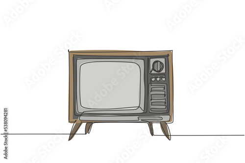 Single continuous line drawing of retro old fashioned tv with wooden case and leg. Antique vintage analog television concept one line draw graphic design vector illustration