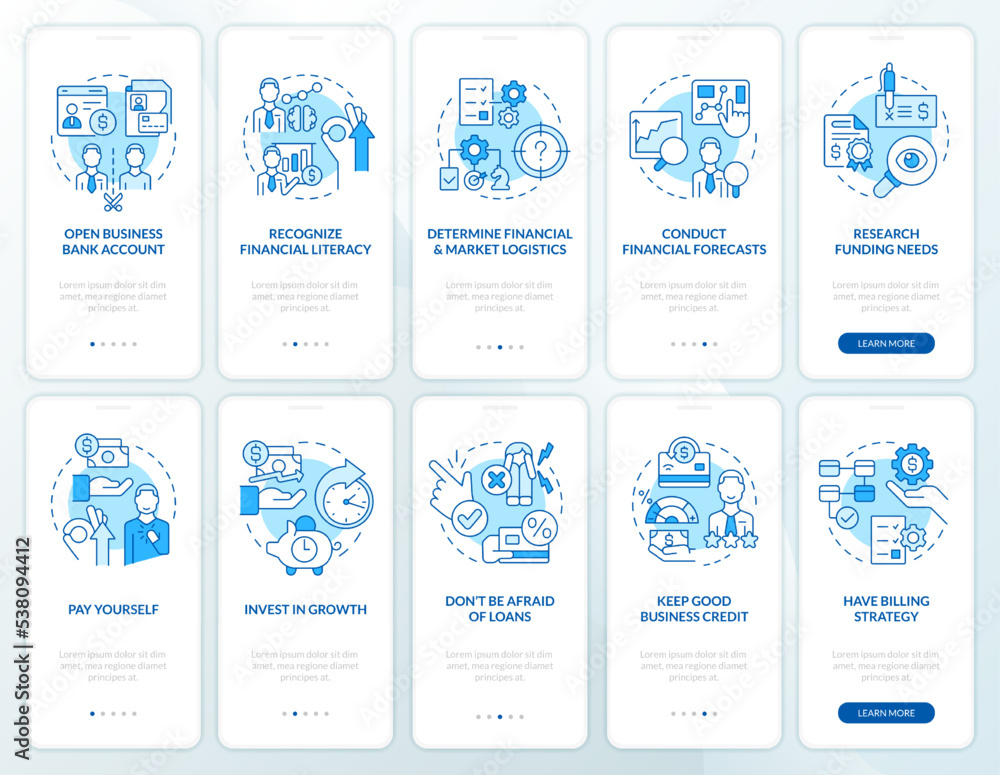 Business financial management blue onboarding mobile app screen. Walkthrough 5 steps editable graphic instructions with linear concepts. UI, UX, GUI template. Myriad Pro-Bold, Regular fonts used