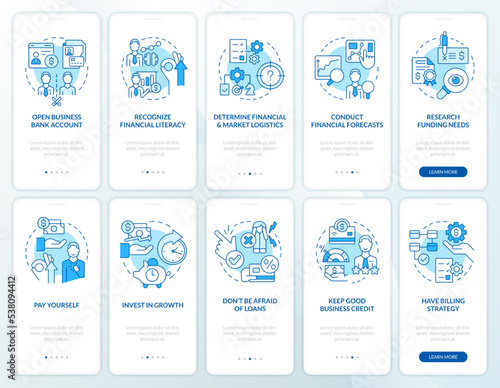 Business financial management blue onboarding mobile app screen. Walkthrough 5 steps editable graphic instructions with linear concepts. UI, UX, GUI template. Myriad Pro-Bold, Regular fonts used