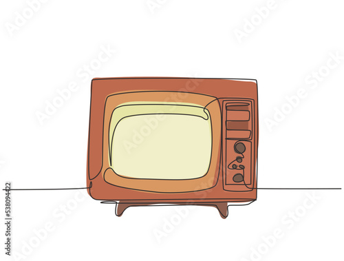 One single line drawing of retro old fashioned tv with wooden frame. Antique vintage analog television concept continuous line draw design vector graphic illustration