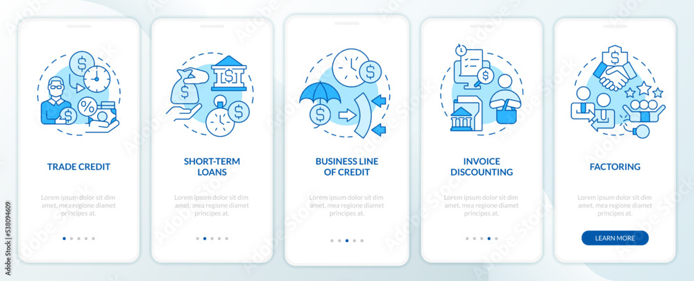 Sources of short term financing blue onboarding mobile app screen. Walkthrough 5 steps editable graphic instructions with linear concepts. UI, UX, GUI template. Myriad Pro-Bold, Regular fonts used