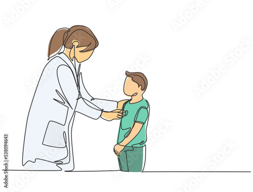 One single line drawing of female pediatric doctor examining heart beat young boy patient with stethoscope. Trendy medical health care treatment concept continuous line draw design vector illustration