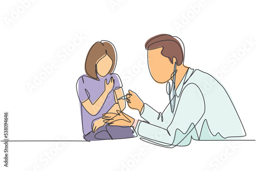 One single line drawing of male pediatric doctor giving vaccine injection to young beauty girl patient at hospital. Medical healthcare treatment concept continuous line draw design vector illustration