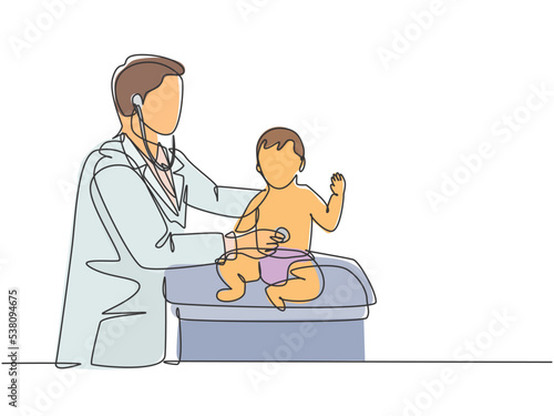 Single continuous line drawing of young male pediatric doctor examining heart beat cute toddler patient with stethoscope. Medical health care treatment concept one line draw design vector illustration