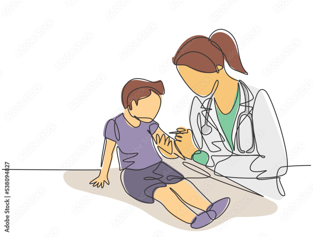 Single continuous line drawing of female pediatric doctor giving vaccine immunization injection to young boy patient. Medical health care treatment concept one line draw design vector illustration - obrazy, fototapety, plakaty 