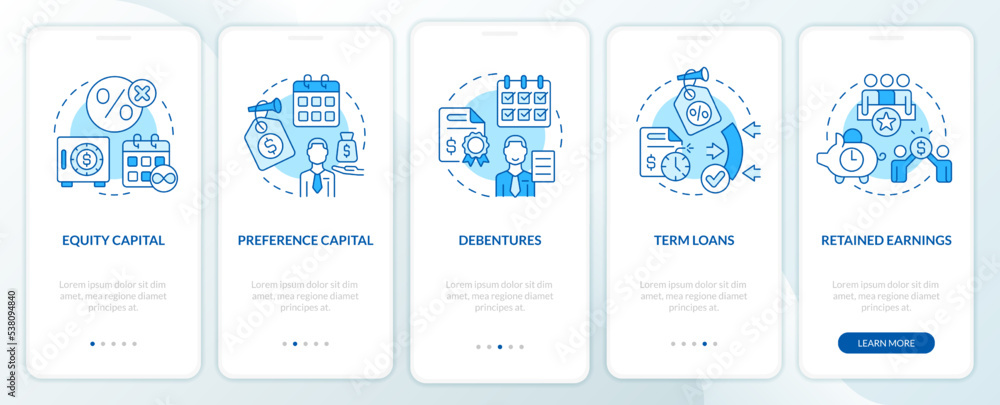 Sources of long term financing blue onboarding mobile app screen. Walkthrough 5 steps editable graphic instructions with linear concepts. UI, UX, GUI template. Myriad Pro-Bold, Regular fonts used