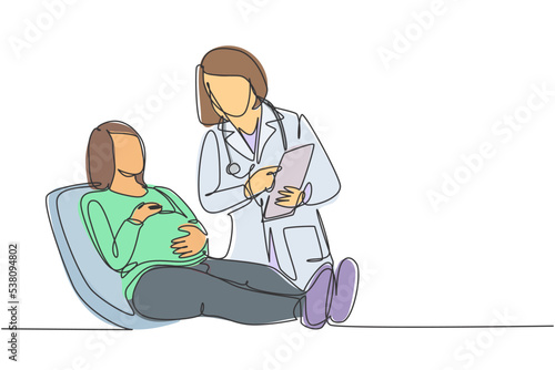 One single line drawing of female obstetrics and gynecology doctor talking to patient and explain the womb condition. Pregnant health care concept continuous line draw design vector illustration