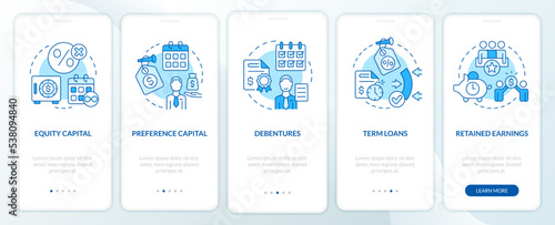 Sources of long term financing blue onboarding mobile app screen. Walkthrough 5 steps editable graphic instructions with linear concepts. UI, UX, GUI template. Myriad Pro-Bold, Regular fonts used