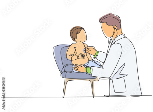 Single continuous line drawing of young male pediatric doctor examining heart beat cute toddler patient with stethoscope. Medical health care treatment concept one line draw design vector illustration
