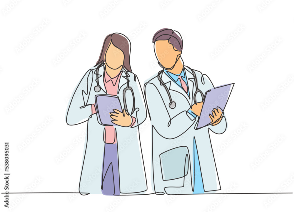 Single continuous line drawing of young couple male female doctors standing and discussing right treatment to sick patient. Medical health care service concept one line draw design vector illustration
