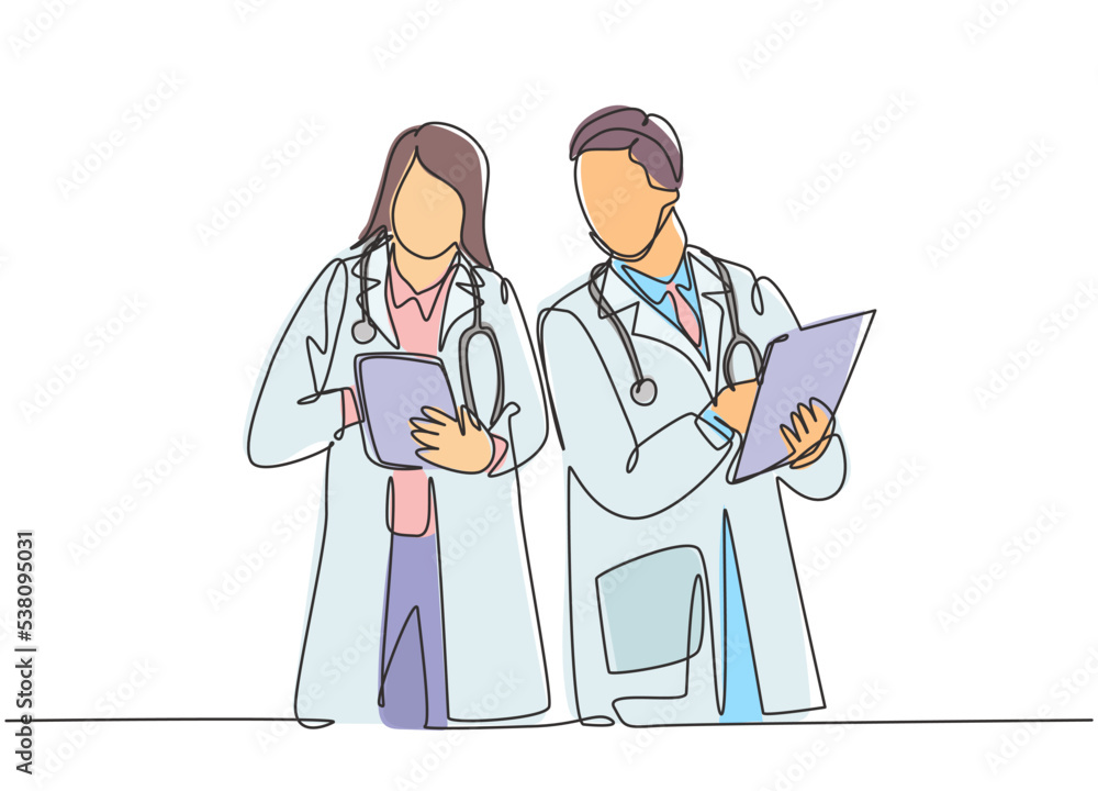 Single continuous line drawing of young couple male female doctors standing and discussing right treatment to sick patient. Medical health care service concept one line draw design vector illustration Single continuous line drawing of young couple male female doctors standing and discussing right treatment to sick patient. Medical health care service concept one line draw design vector illustration