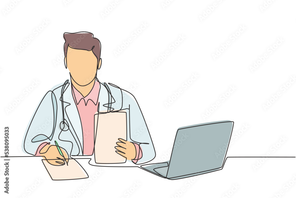 One single line drawing of young happy male doctor writing medical prescription to the sick patient at hospital desk. Medical healthcare service concept continuous line draw design vector illustration One single line drawing of young happy male doctor writing medical prescription to the sick patient at hospital desk. Medical healthcare service concept continuous line draw design vector illustration